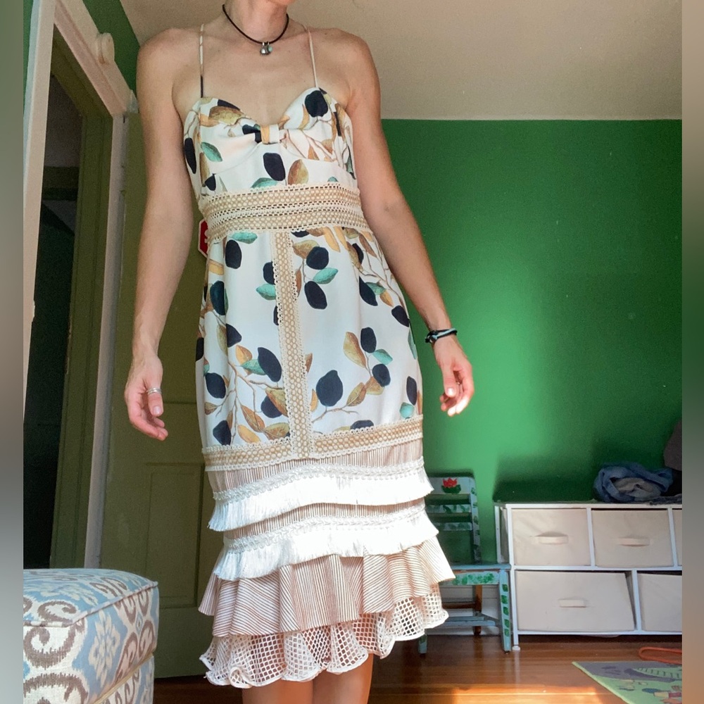 PatBO Cream Midi Dress with Green and Navy Leaf Print